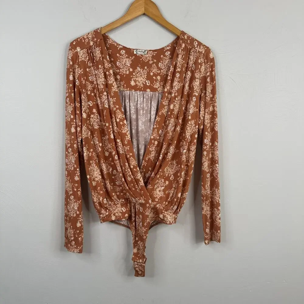 Free People Orange & White Spring Combo Turnt Bodysuit